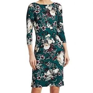 Erdem Reese Floral Jersey 3/4 Sleeve Above Knee Sheath Dress Teal/White US 2